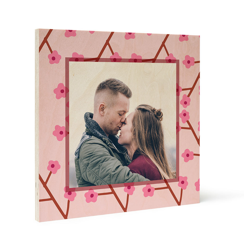 Romantic image framed in pink cherry blossom design for Valentine Cherry Blossom wood print