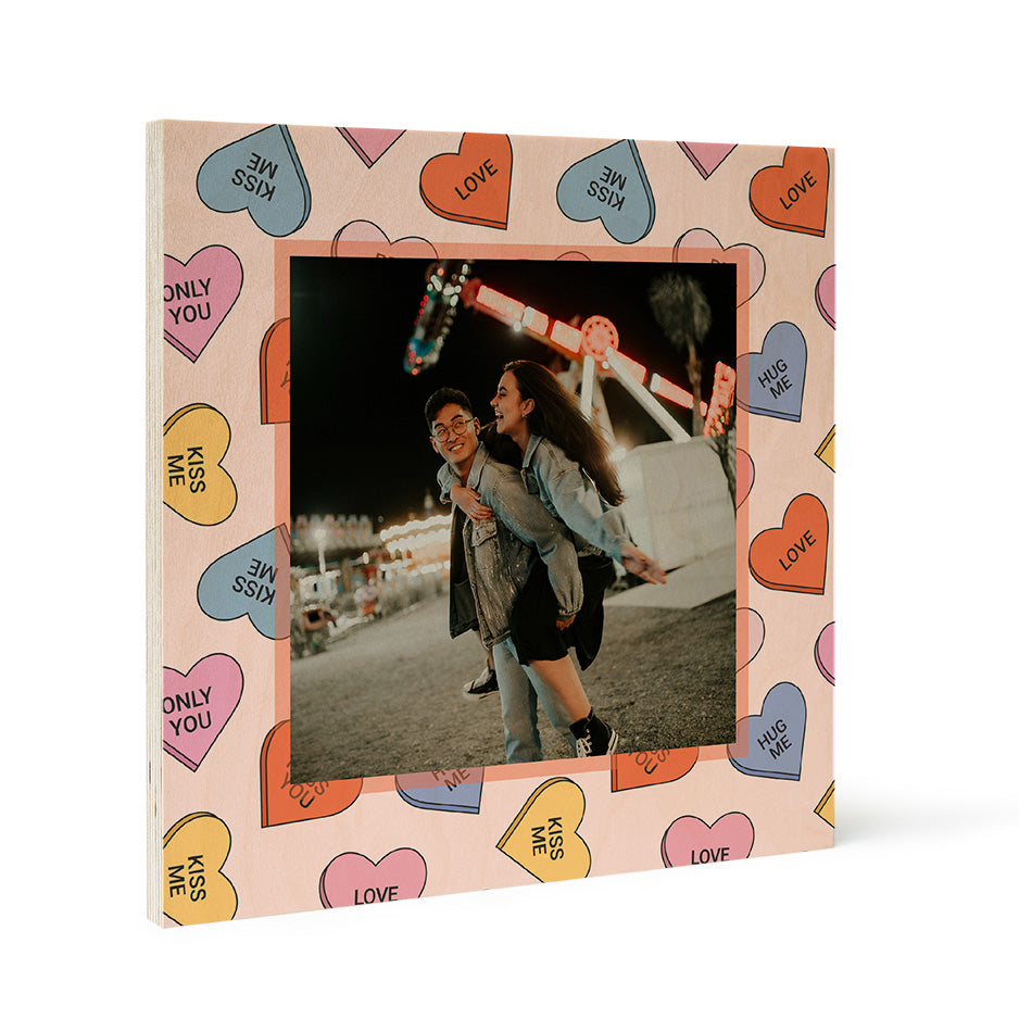 Birch Pattern Wood Print featuring a couple’s photo in a Valentine Heart Candy frame