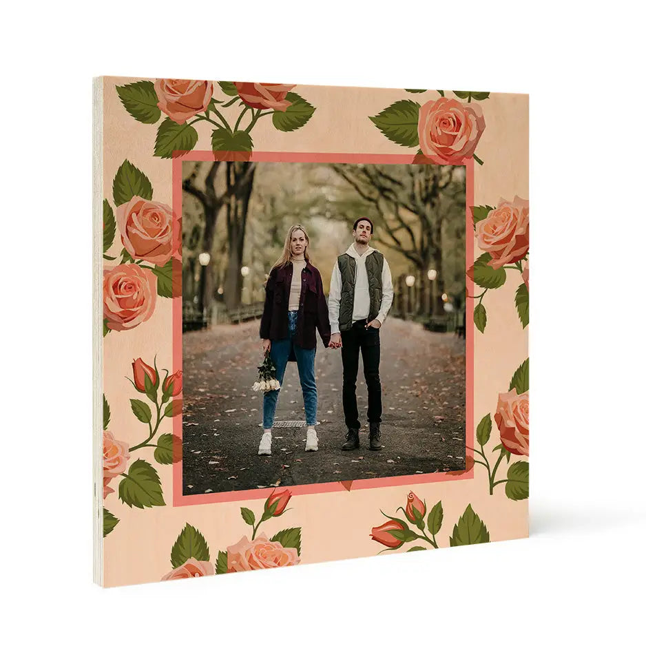 Framed photograph with pink rose border in Birch Pattern Wood Print - Valentine Peach Rose