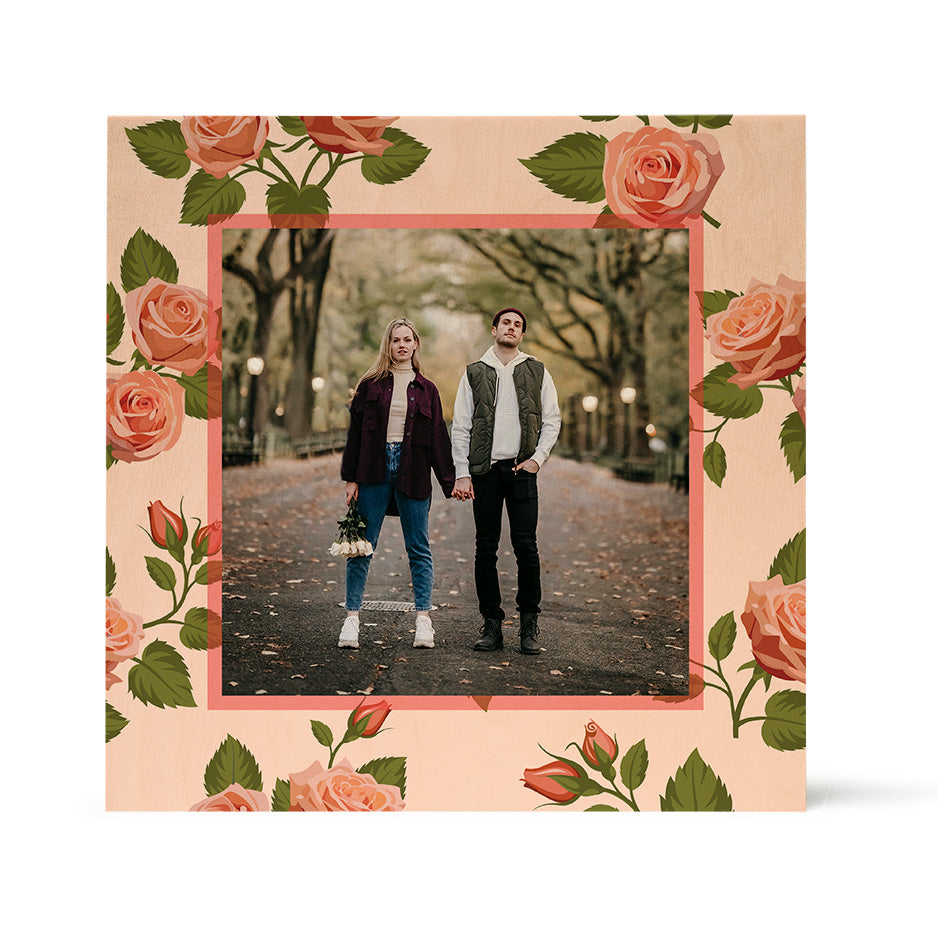 Romantic couple framed by peach roses in Birch Pattern Wood Print - Valentine Peach Rose