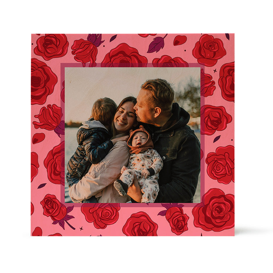 Family photo on Birch Pattern Wood Print featuring Valentine pink and red rose design