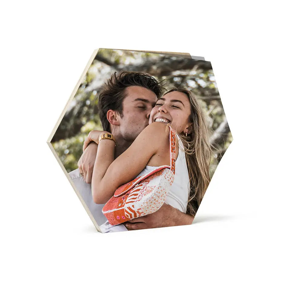 Couple in a Birch Photo Mount Hexagon Print showcasing love and connection