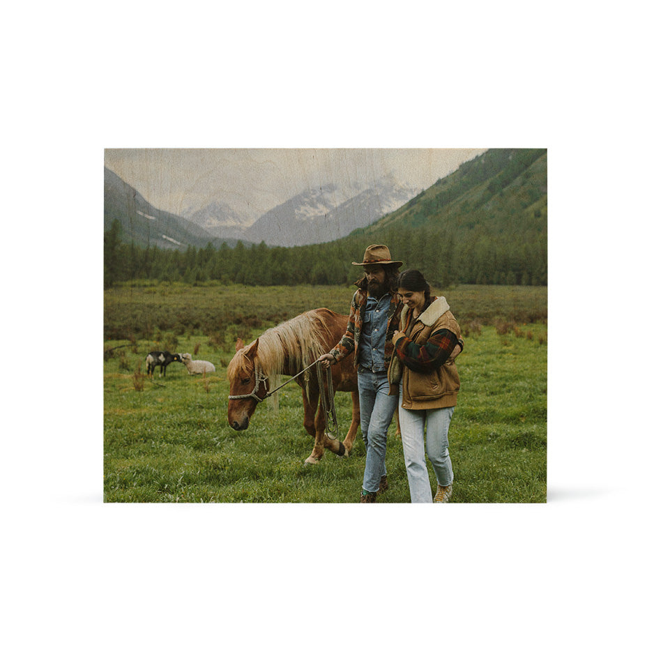 Brown horse grazing in a meadow beside two people in Birch Vintage Matte Prints