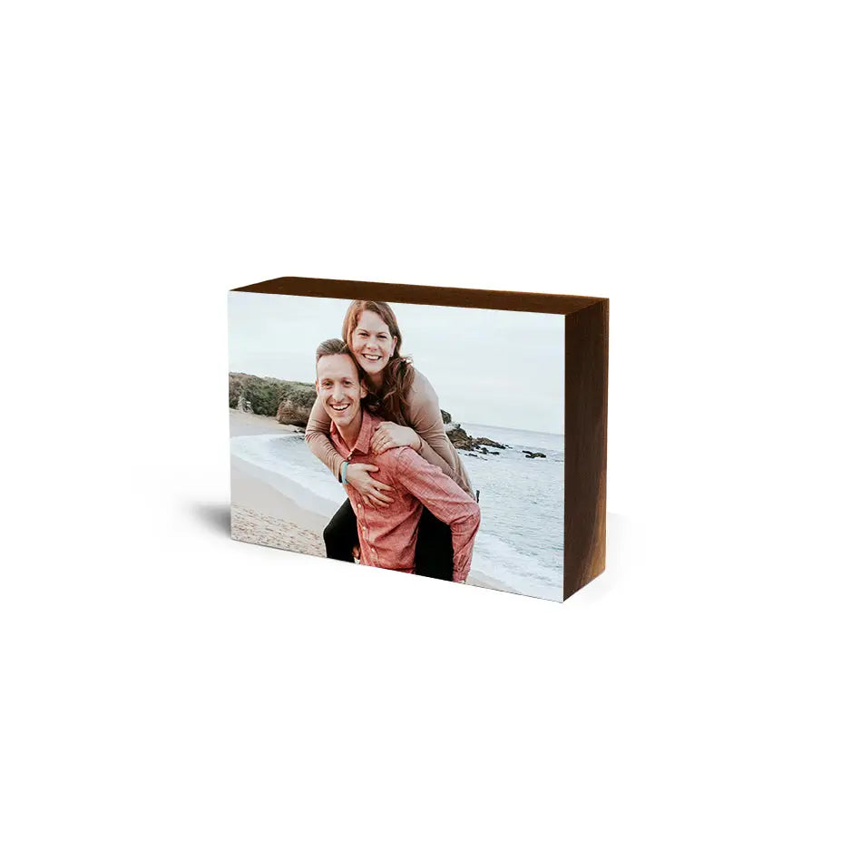 Wooden Black Walnut Photo Block displaying a photo of a woman, perfect for memories