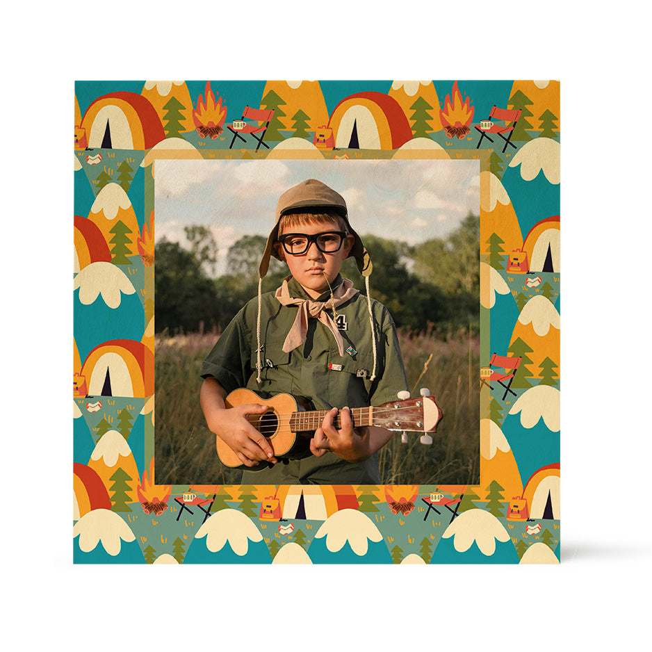 Camping-themed wood print frame with Blue Mountains pattern for favorite camping memories