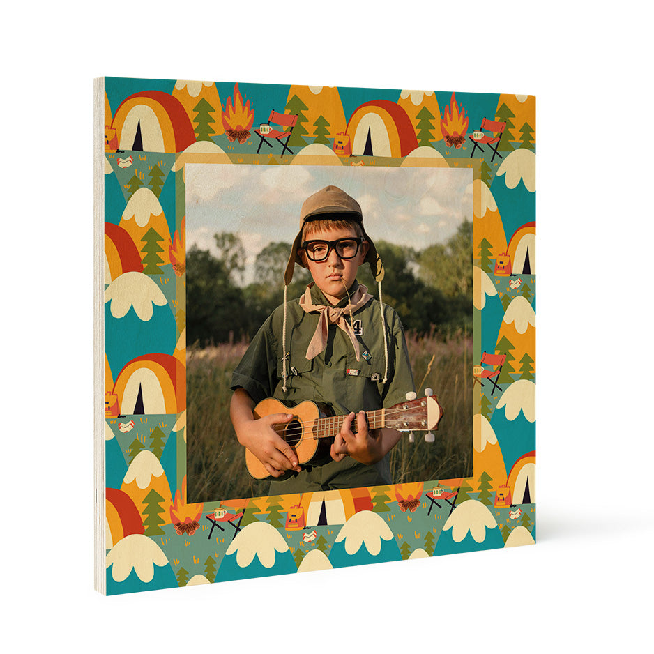 Square camping-themed wood print frame showcasing Blue Mountains pattern for favorite camping memories