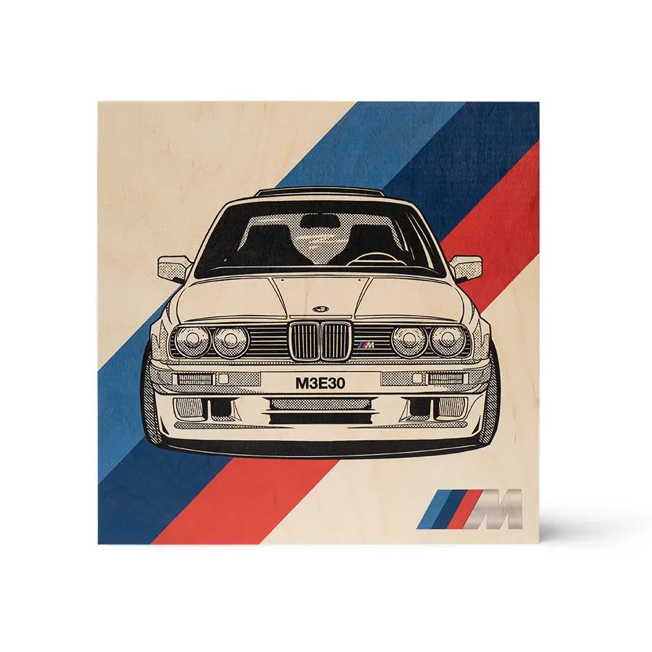 Front view of BMW M3 E30 with M-series stripes, featured in E30 art print on wood