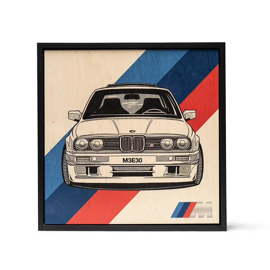 Framed BMW M3 E30 art print on wood with diagonal blue and red stripes design