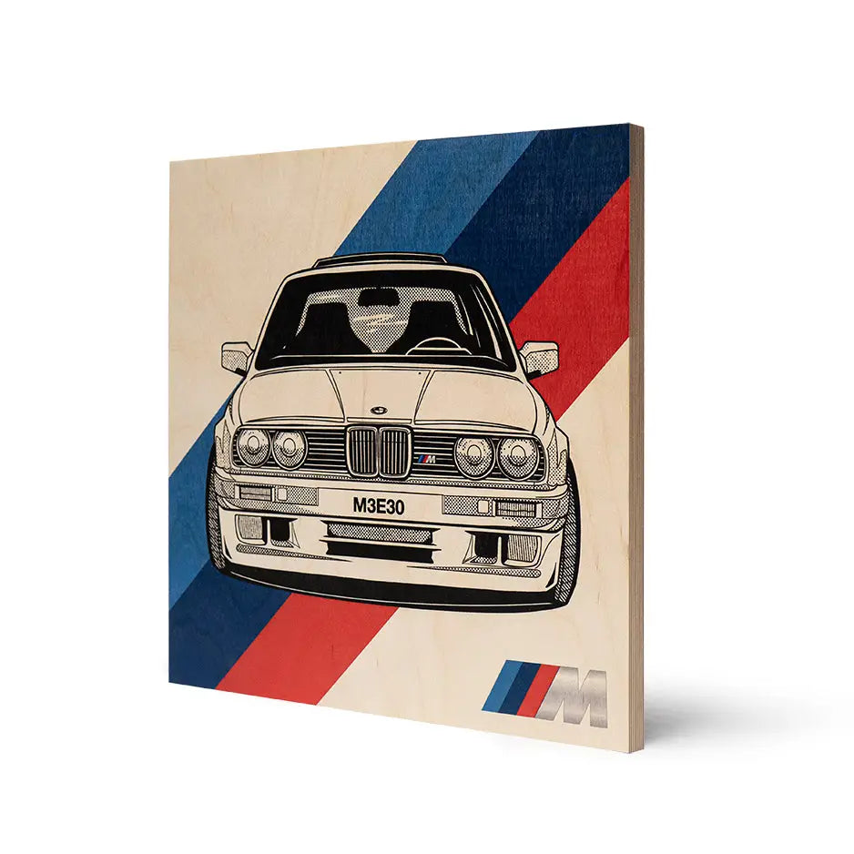 Stylized BMW M3 E30 art print on wood canvas featuring a classic car illustration