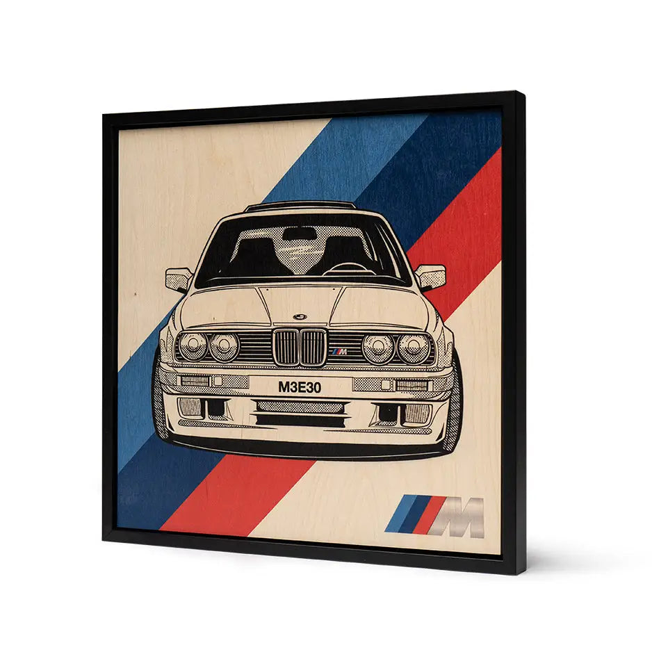 Framed BMW M3 E30 art print on wood with stylized background stripes