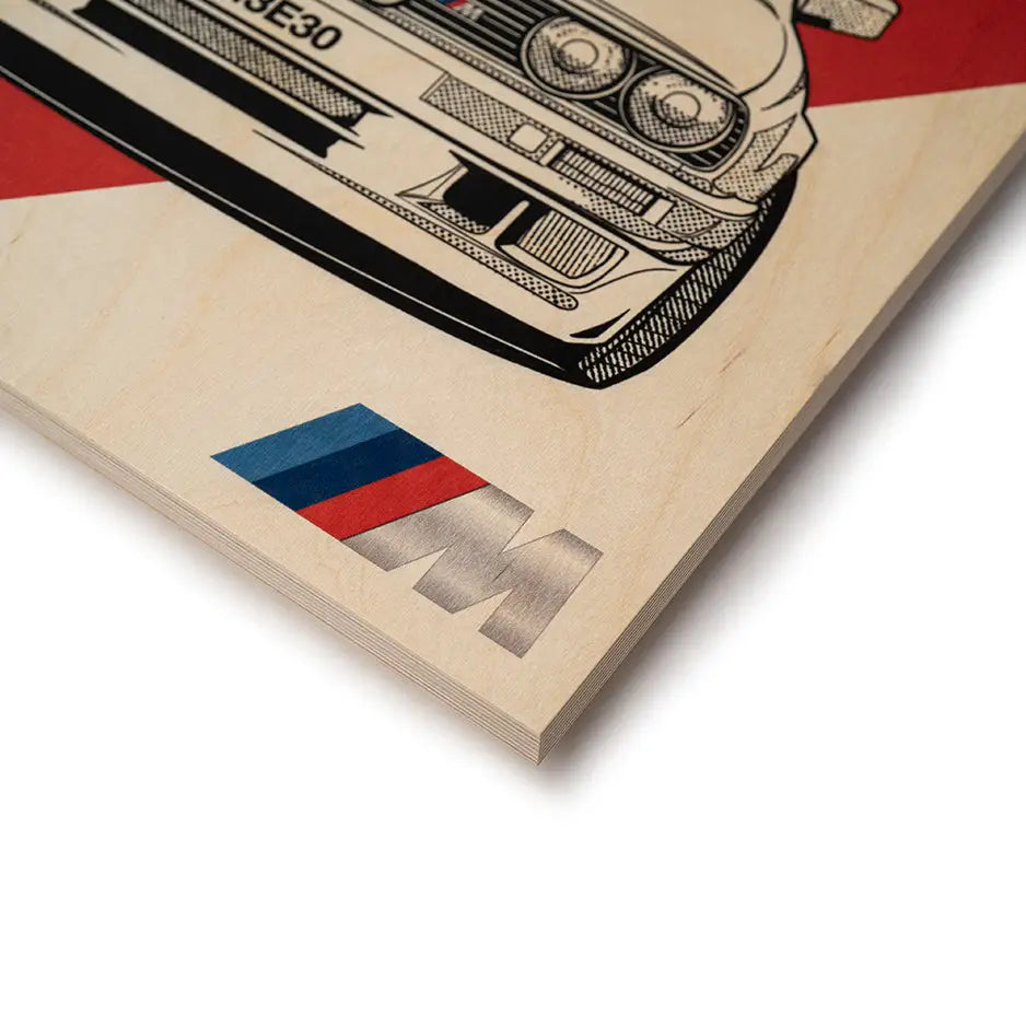 Wooden panel featuring BMW M3 E30 art print and logo for unique decor