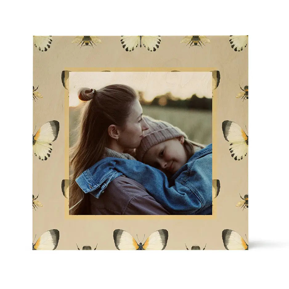 Square photo frame featuring a Butterfly and Bee pattern in Birch Pattern Wood Print