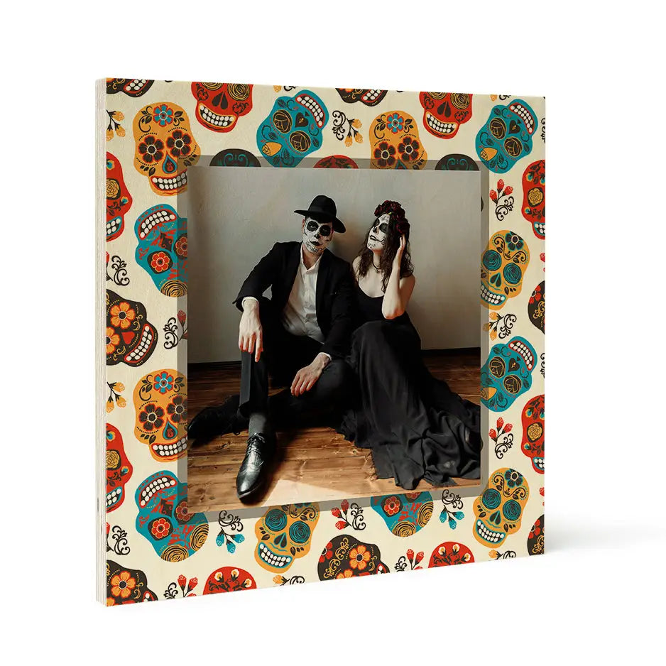 Birch Pattern Wood Print featuring colorful sugar skulls around a black-and-white photo