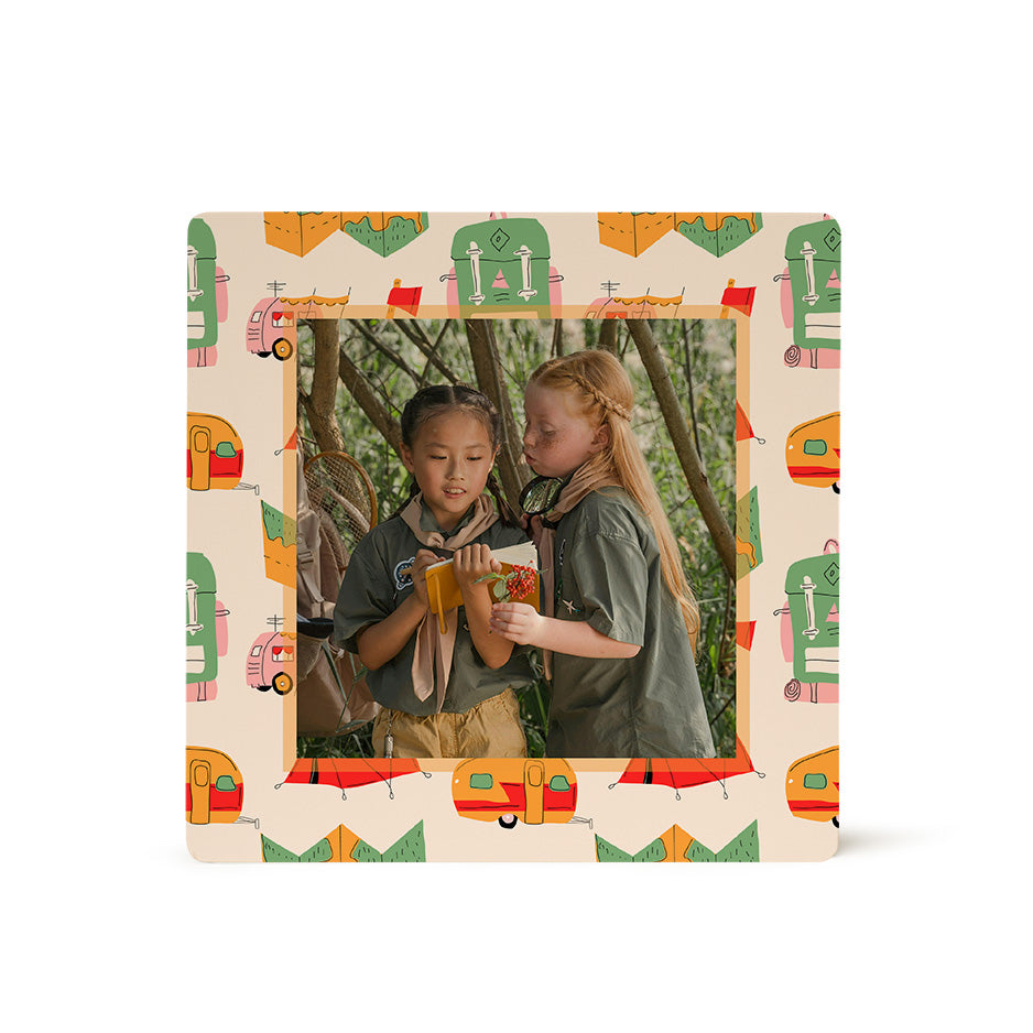 Camping-themed photo frame featuring a camper pattern photo tile for rustic decor