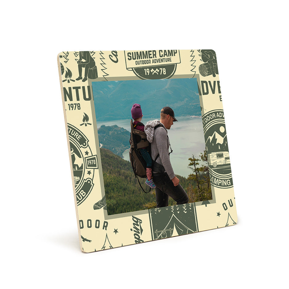 Square camping adventure photo tile print in a photo tile frame for outdoor enthusiasts