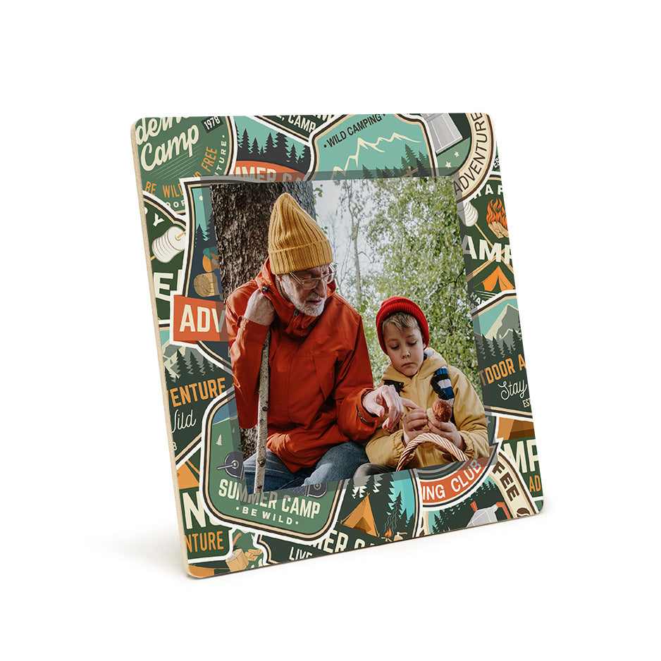 Camping badges pattern photo tile with a man and child in camping-themed frame