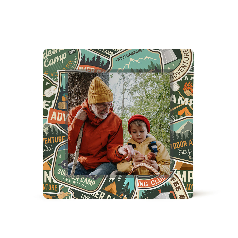Square photo tile with camping badges pattern for camping badges decor and theme photos