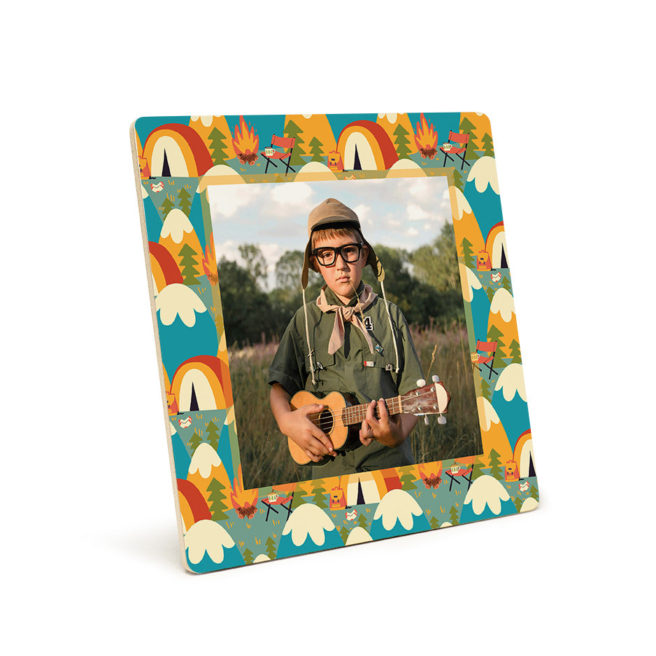 Camping Blue Mountains patterned photo frame showcasing outdoor adventure decor