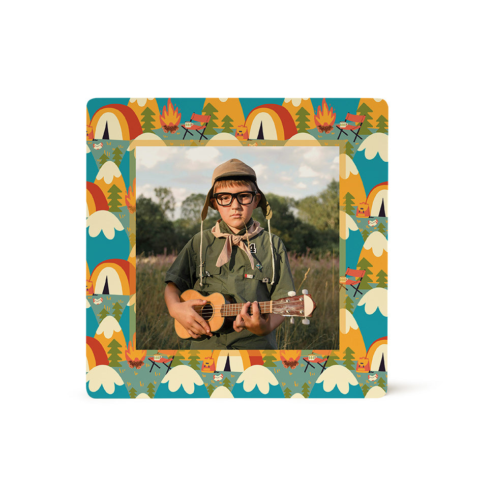 Square camping-themed photo frame with Camping Blue Mountains pattern for outdoor decor