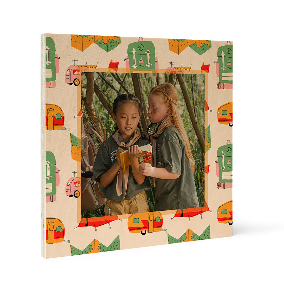 Square wood print featuring a camping camper pattern for rustic decor and outdoor enthusiasts