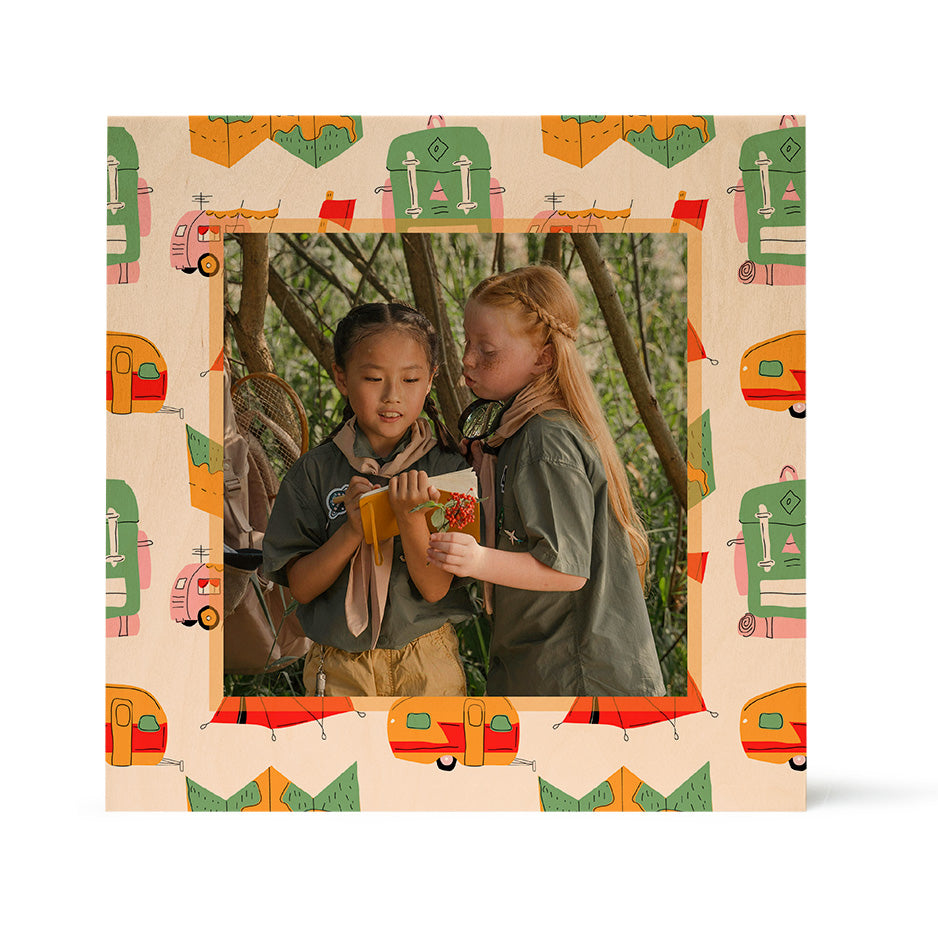 Square wood print with camping camper pattern showcasing a stylish camping scene