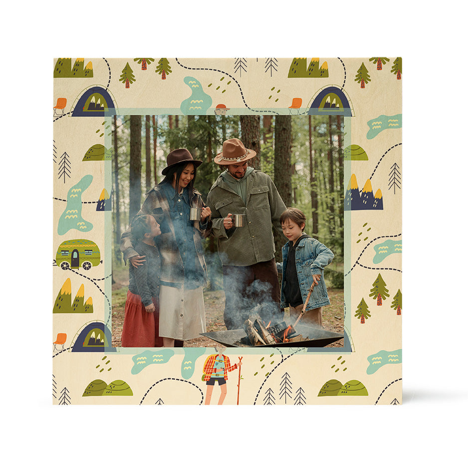 Camping Forest Hiking Pattern Wood Print photo frame for camping forest and outdoor adventures