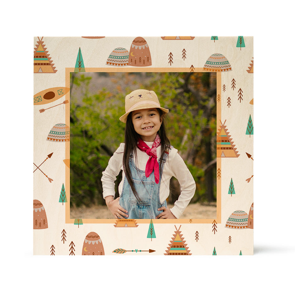 Square photo frame with camping native pattern wood print showcasing teepee design