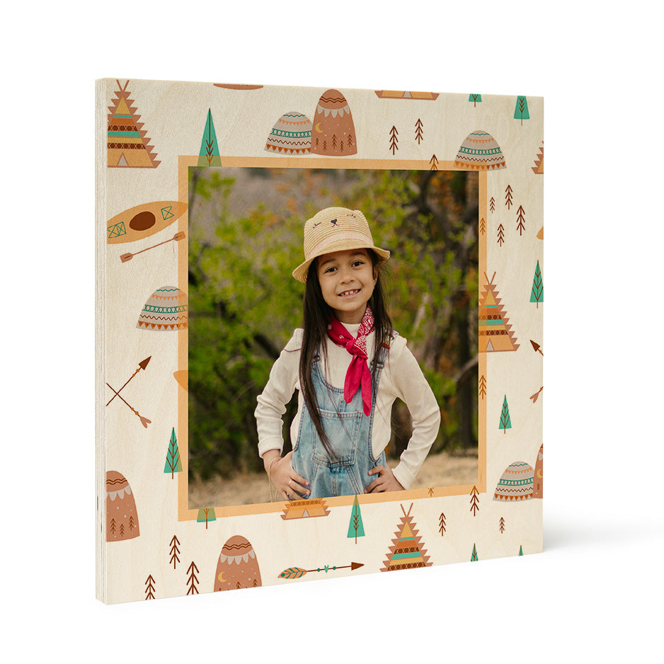 Square camping native pattern wood print photo frame with camping-themed design
