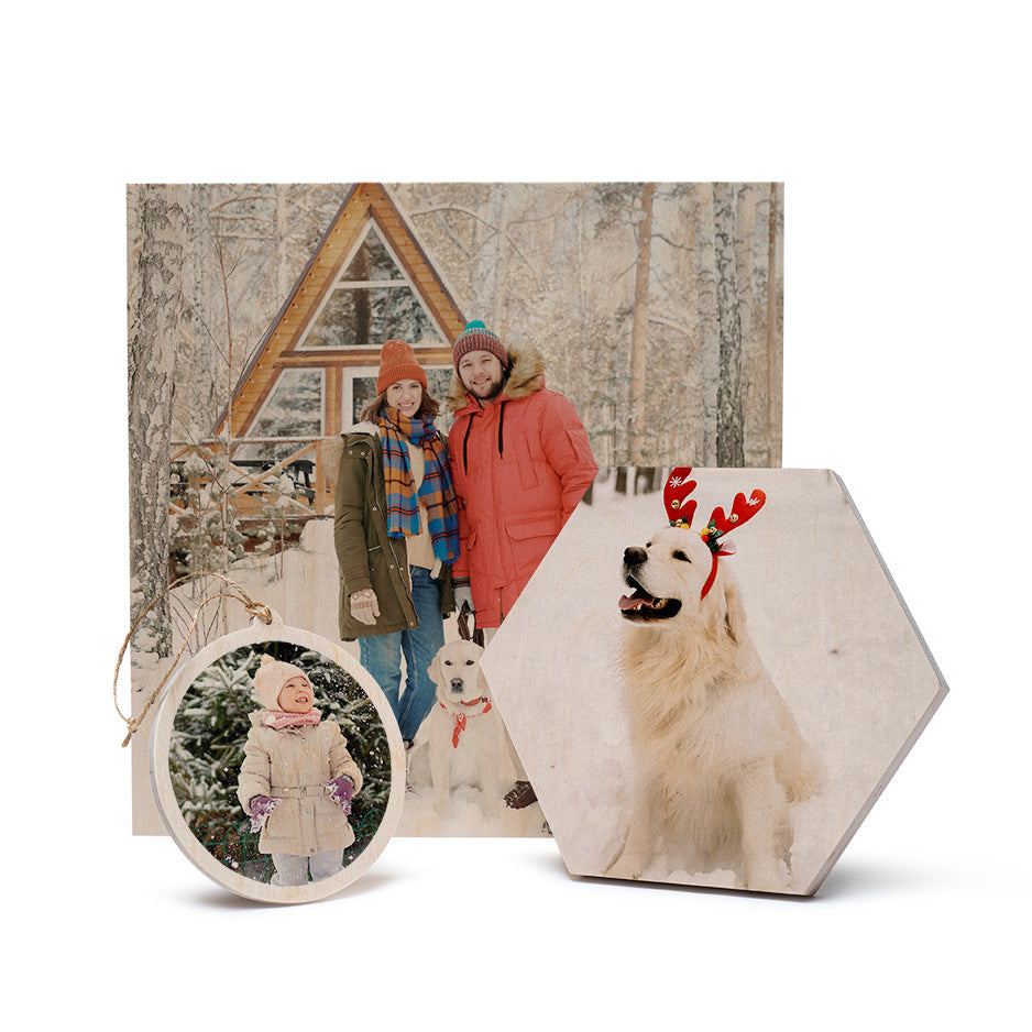 Collage of festive winter fun with a dog, showcasing Christmas Bundle Collection ornaments