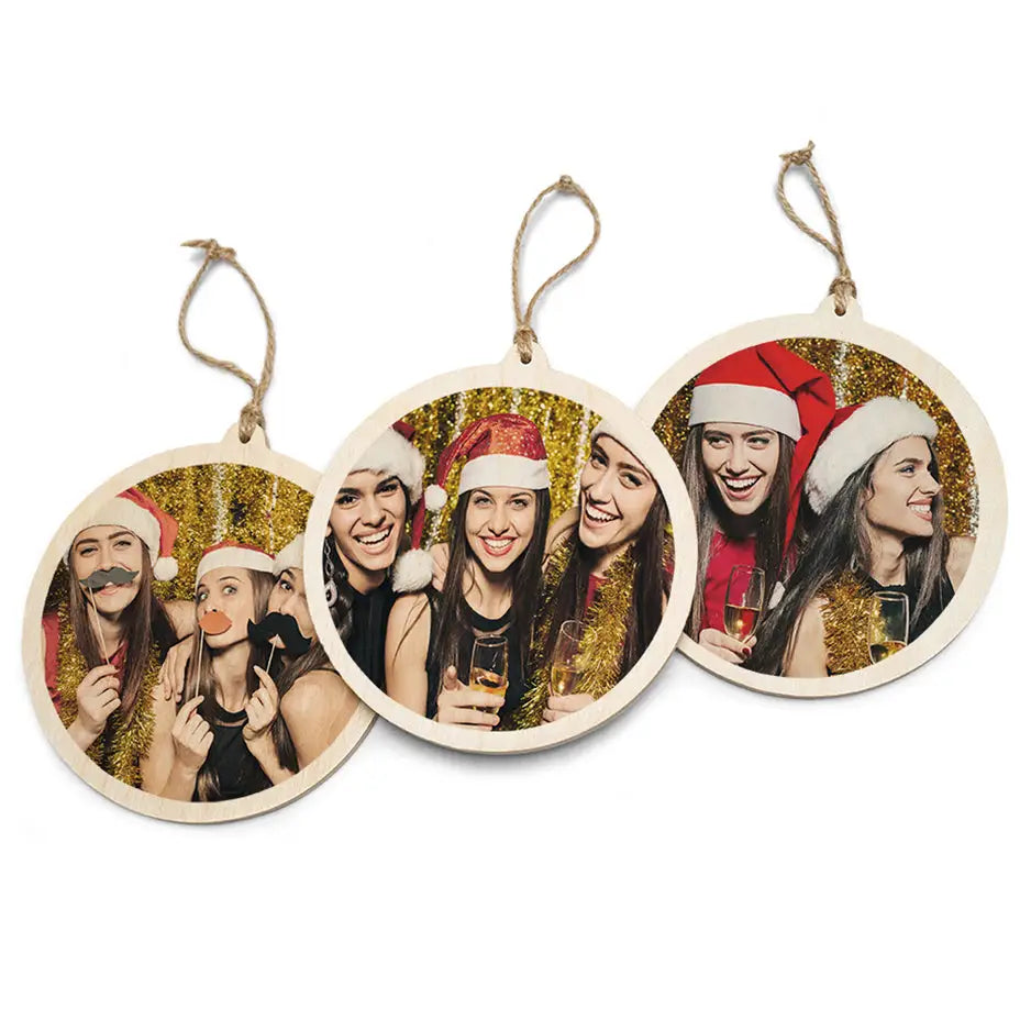 Three Circle Wood Ornaments with holiday snapshots against a gold sparkly backdrop