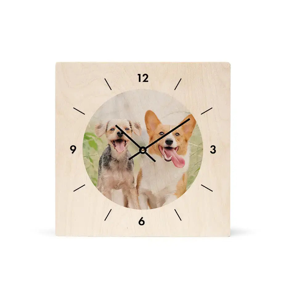 Personalized wood clock with dogs image, perfect for timeless moments in 12x12 sizes.