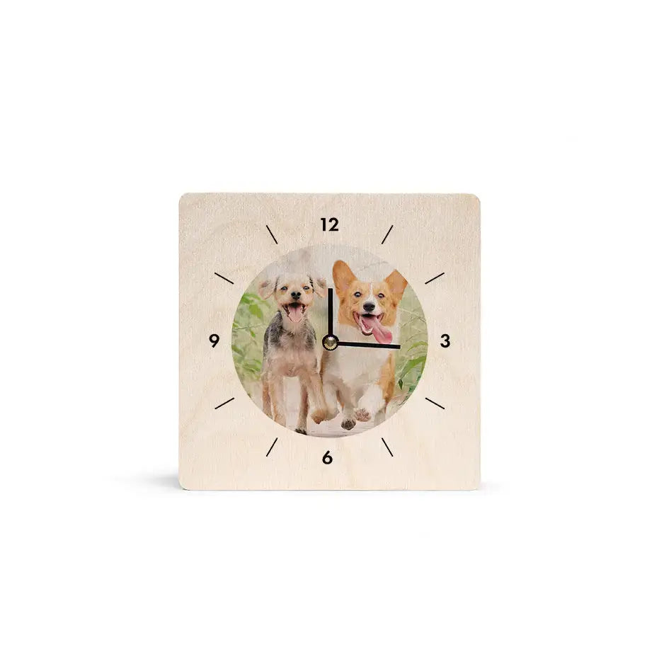 Clock with smiling dogs photo, perfect for personalized clocks at Woodsnap.