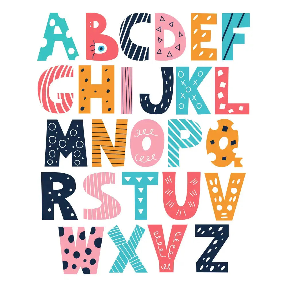 Colorful three-dimensional sign letters in playful patterns for home decor.