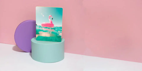 Colorful decorative display with a flamingo photo tile print for your living space.