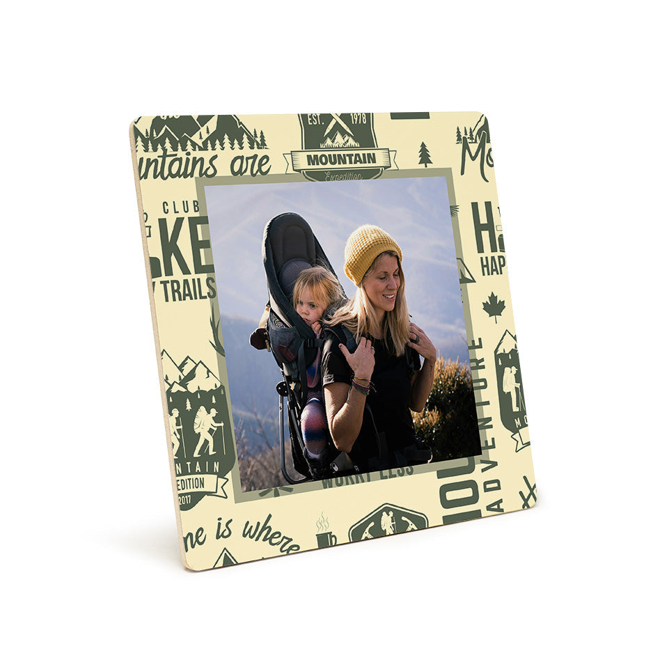 Hiking-themed photo tile with custom pattern photo for outdoor adventure decor