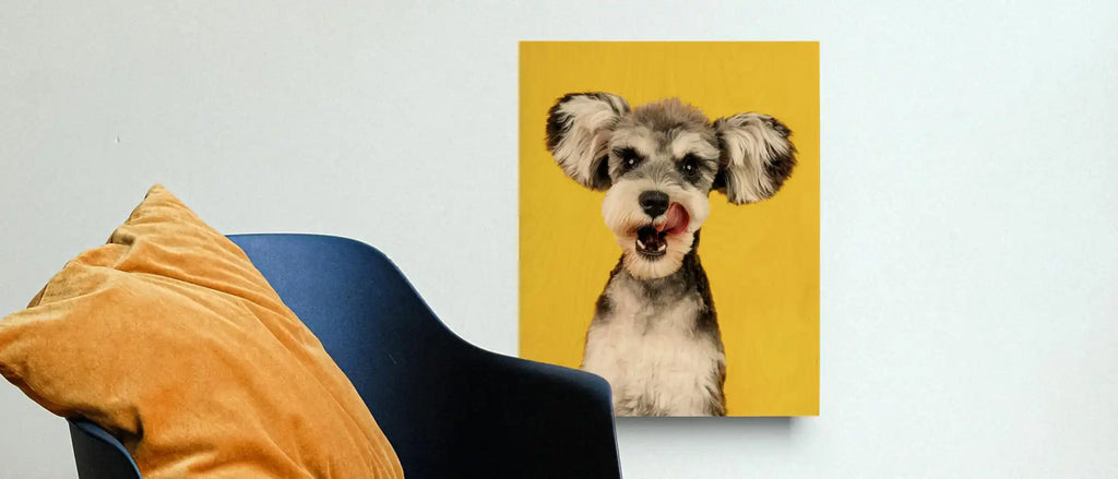 Scruffy-looking dog with perky ears against a yellow backdrop.