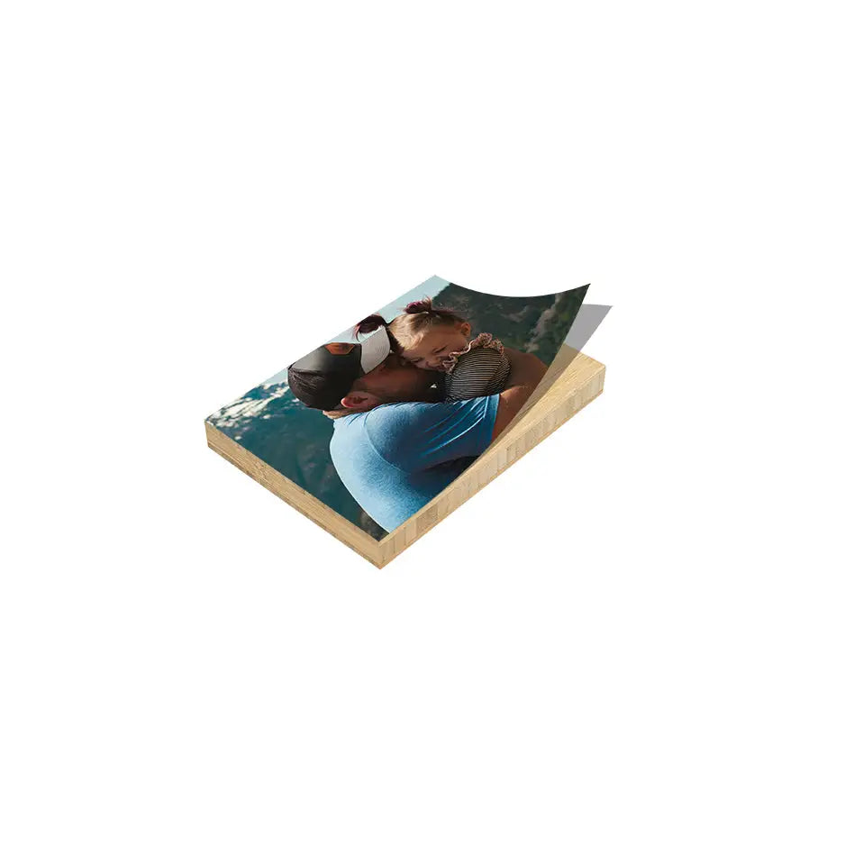 Man and woman on a wooden block featured in a 5x7 bamboo wood print display