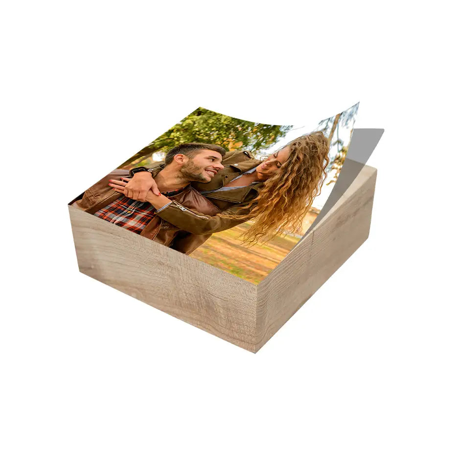 Wooden box with 6x6 Maple Photo Block featuring a couple kissing in a wood print