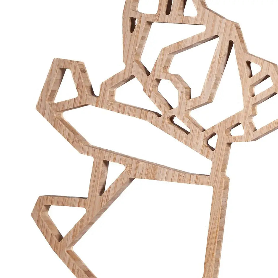 Wooden sculpture of a man with a hat in Origami Koala Bamboo Wall Art display
