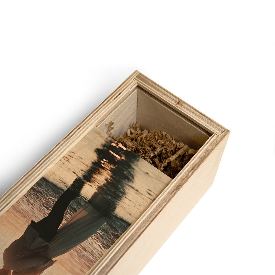 Open wooden bottle gift box with beach scene photo locket wood for elegant gift presentation