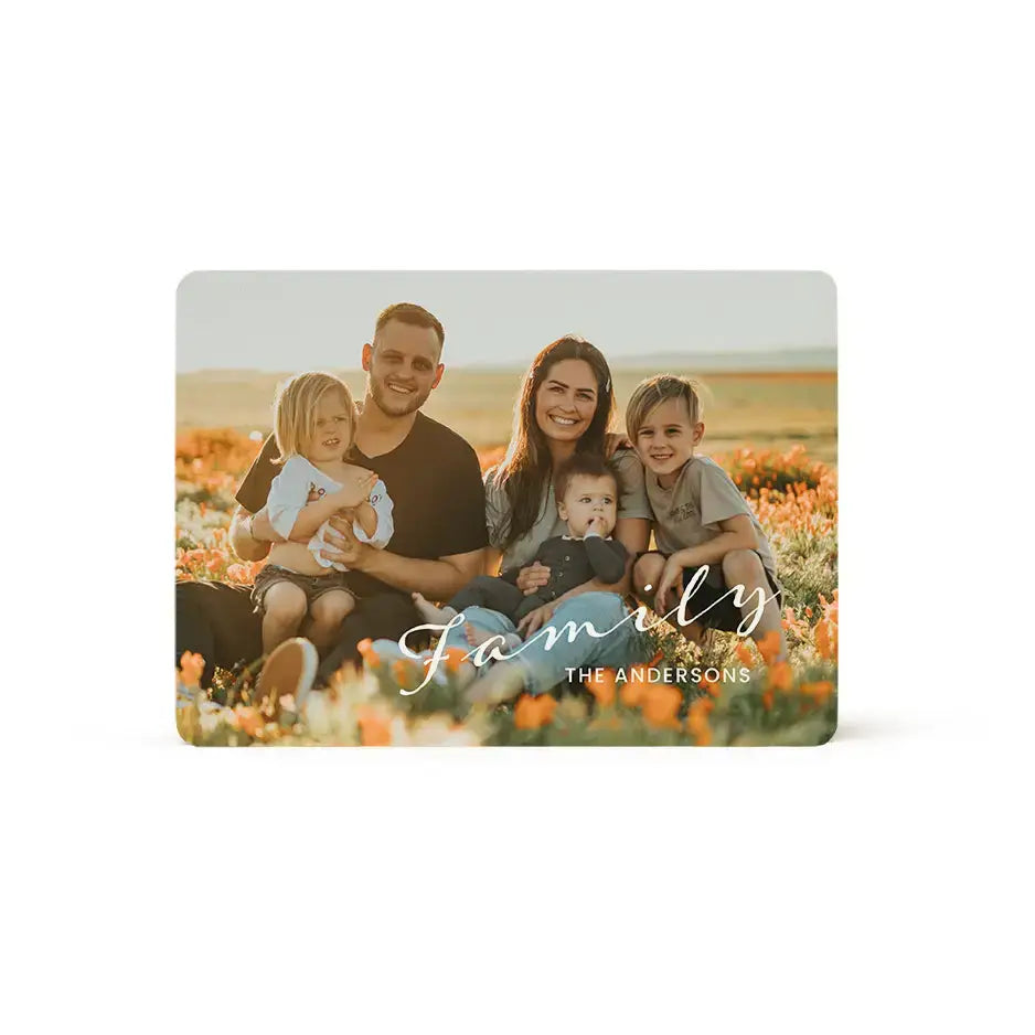 Family photo card in a field of flowers for custom family wood plaque design.