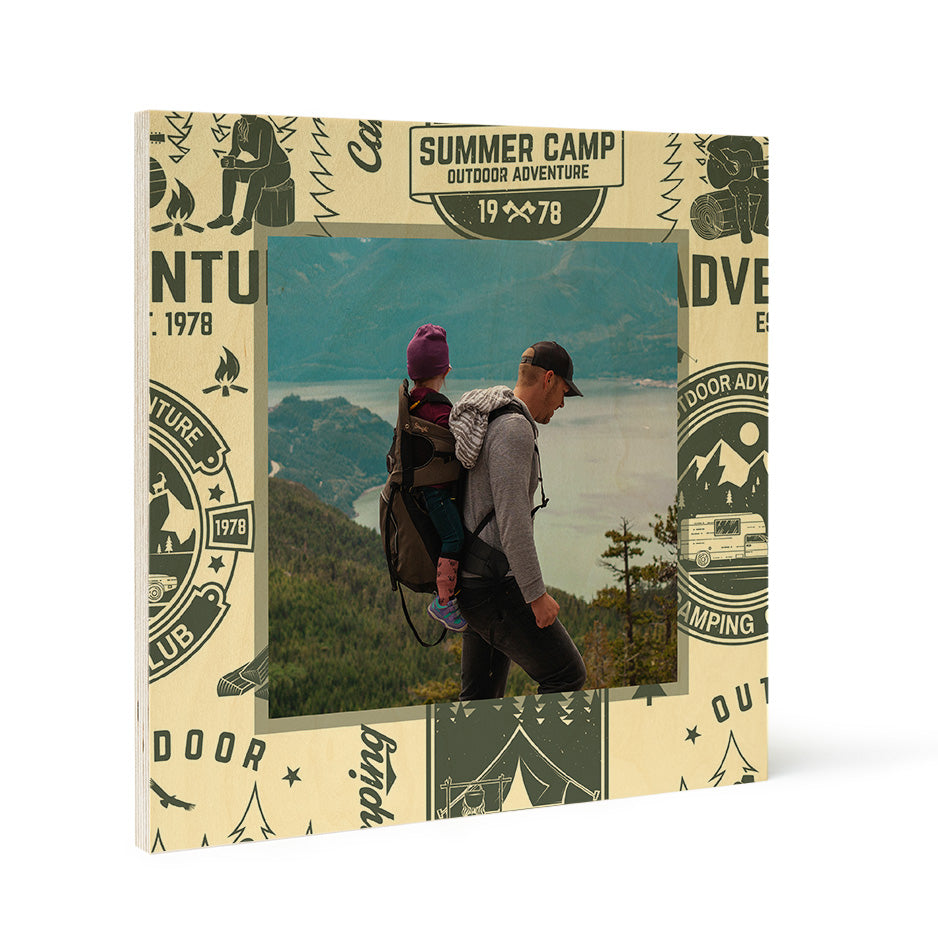 Square wood print with Favorite Camping Adventure Pattern showcasing a camping theme