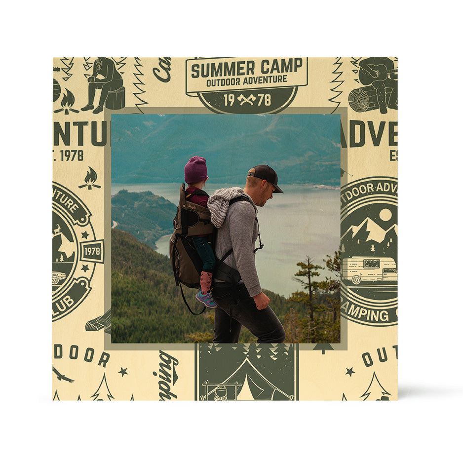 Square camping themed wood print photo frame with favorite camping pattern