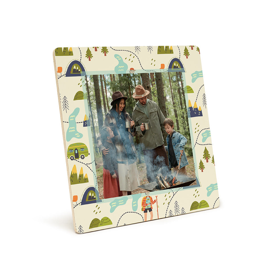 Camping-themed photo frame with Forest Hiking Pattern for hiking pattern photo tile display