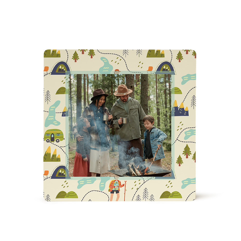 Square camping-themed photo frame featuring forest hiking pattern for your hiking pattern photo tile