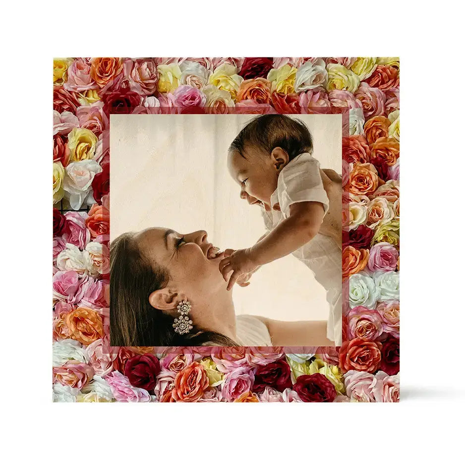 Framed photograph of a woman and baby with colorful roses using Woodsnap Pattern Wood.