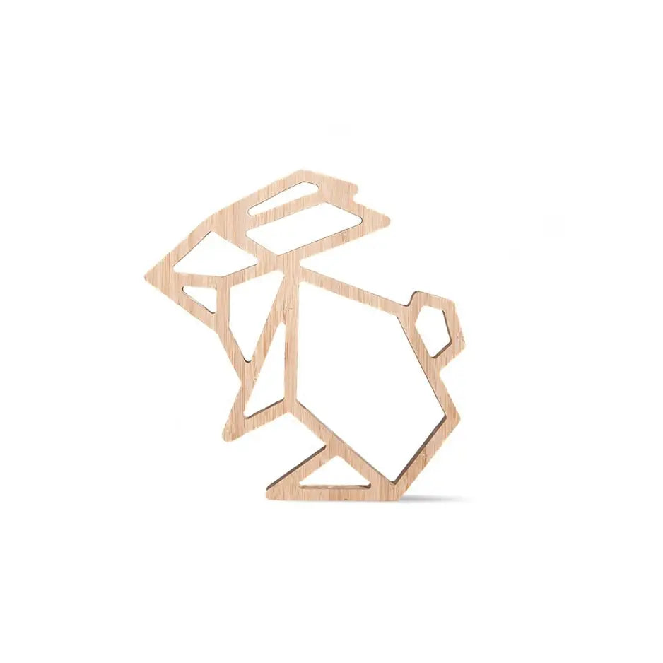 Wooden sculpture of a man featured in Origami Rabbit Bamboo Wall Art display