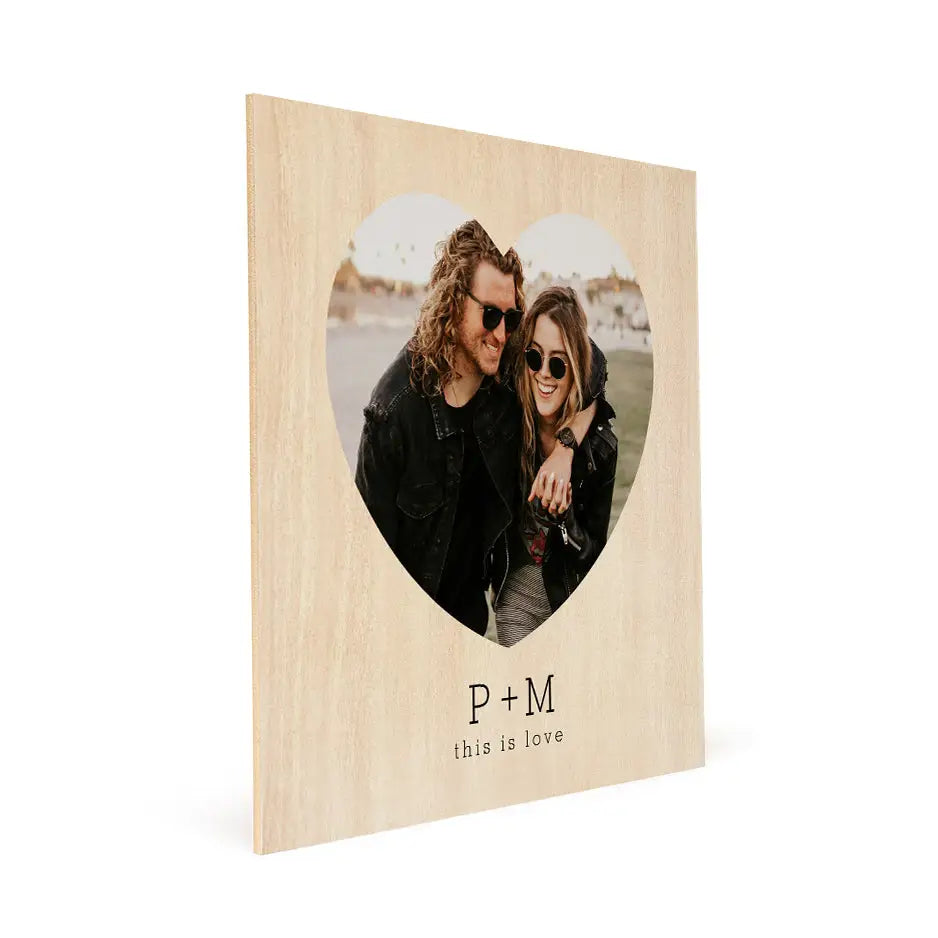 Personalized wooden photo frame with Heart & Initials Print in a vintage wood style