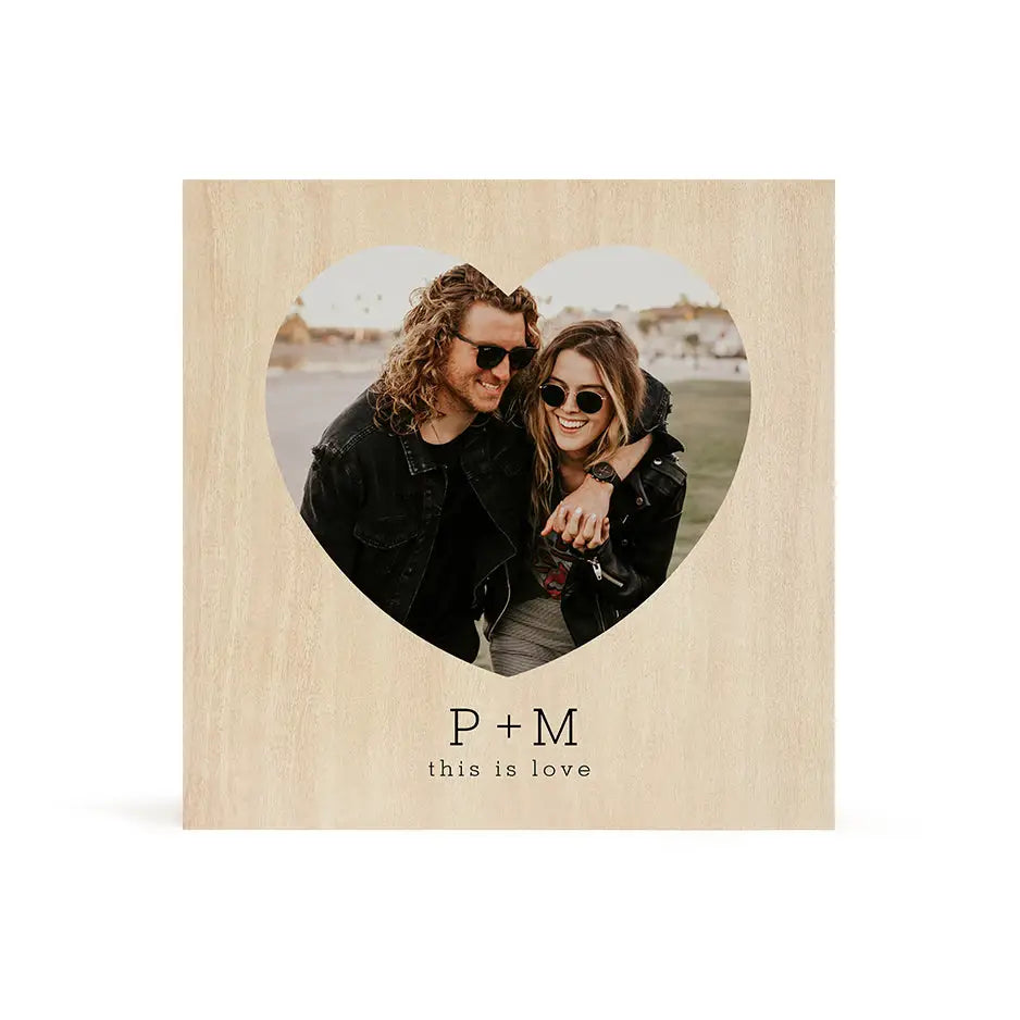 Wooden heart shaped frame with couple photo in Heart & Initials Print wood design