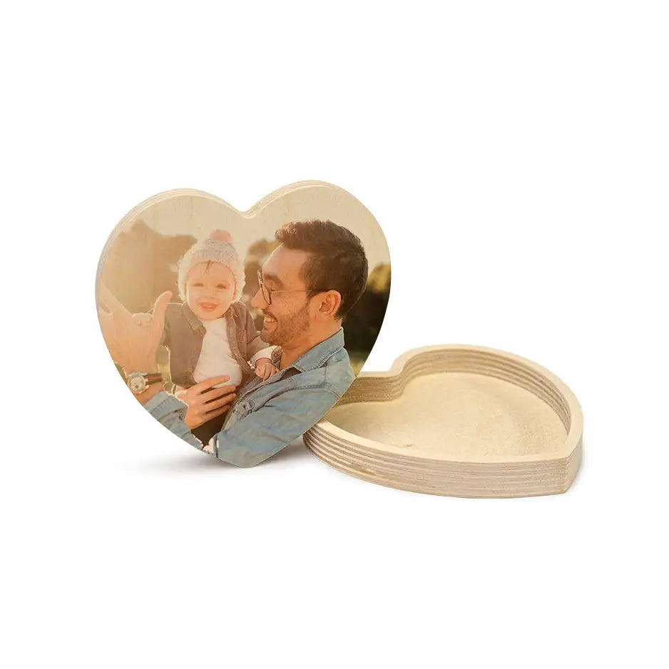 Heart Stash Box with wooden photo frame of man holding baby in photo locket wood